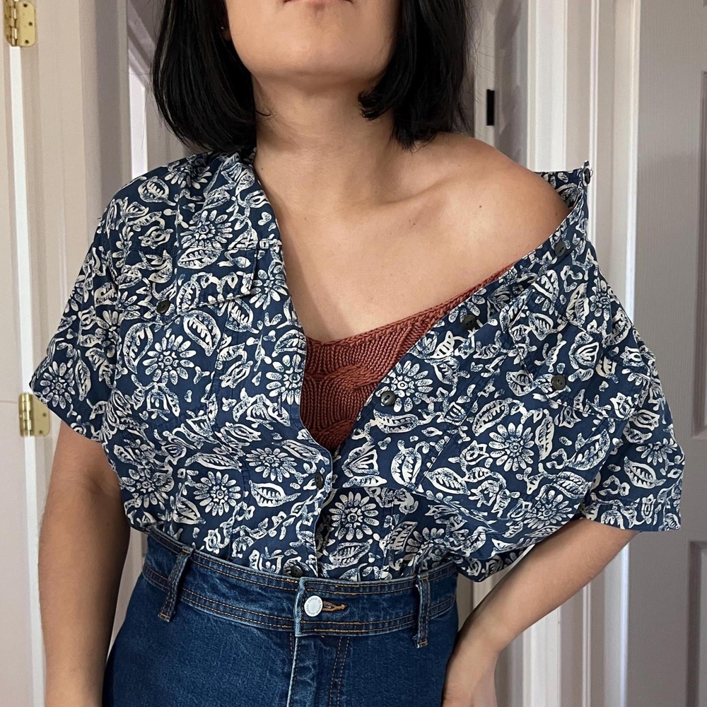 vintage 90s blue‎ floral short sleeve button down cotton shirt Petite small